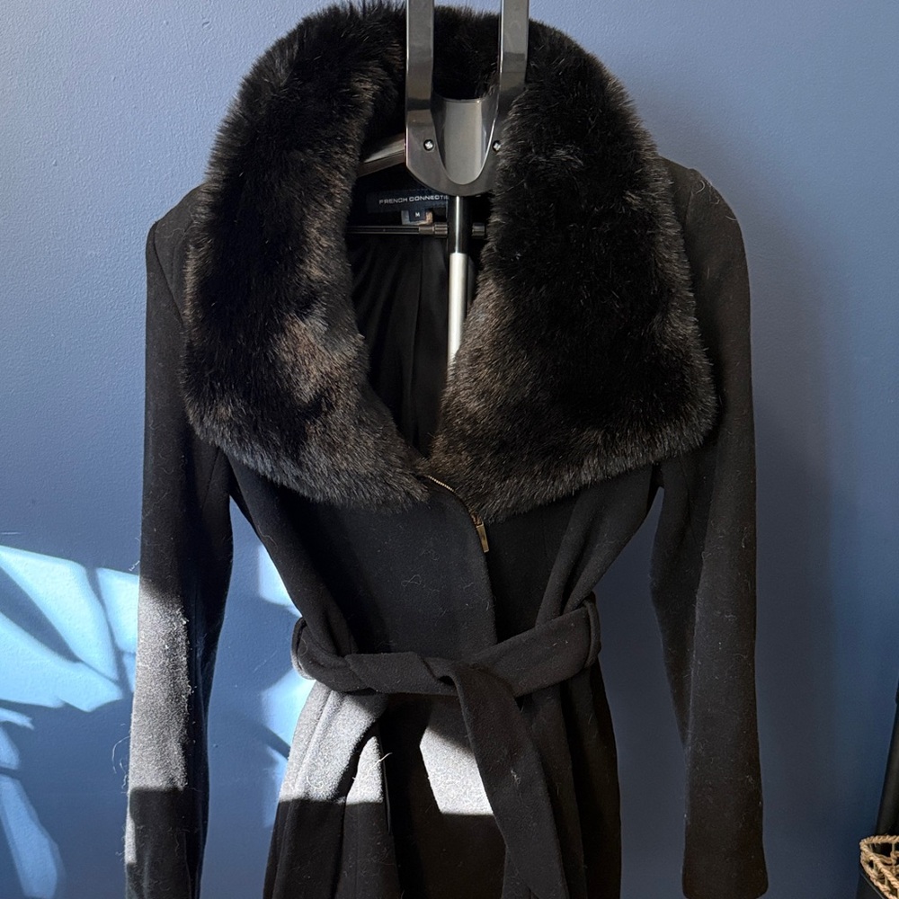 French Connection Carmelita Faux Fur Collar Long Coat, Black